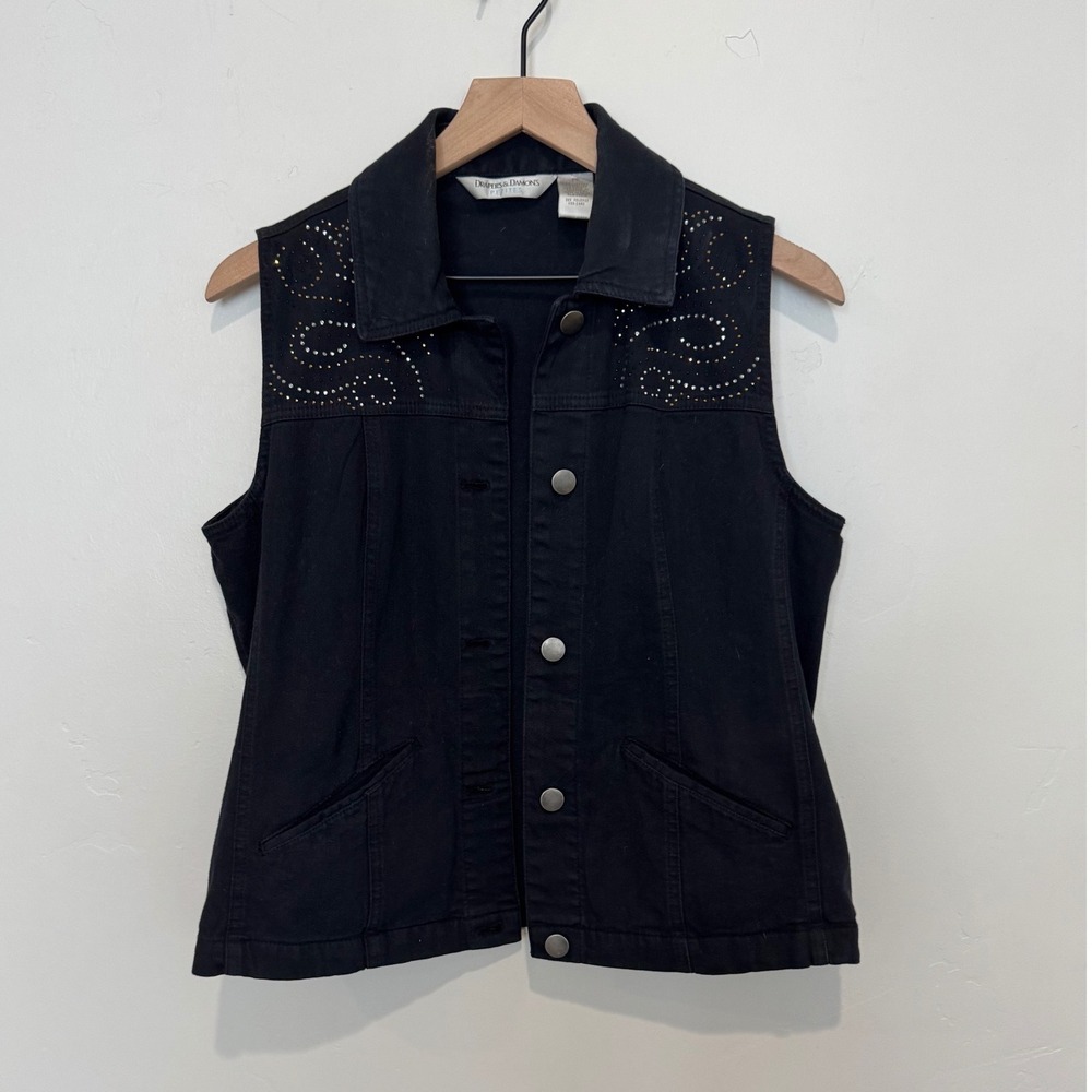 Drapers & Damons Black Denim Rhinestone Embellished Vest Womens PS Western Biker